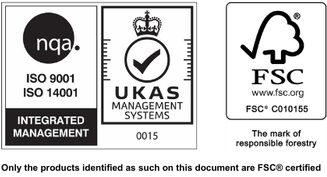 Certifikované podľa ISO 9001 a ISO 14001 (akreditácia UKAS), certifikát FSC